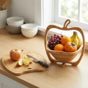 Coș Pliabil din Bambus în Formă de Măr – Suport Multifuncțional 3-în-1 (Coș, Tocător, Suport Vase), Material Ecologic Antibacterian și Design Elegant: Stil Natural și Organizare Inteligentă pentru Bucătăria Ta