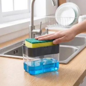 Dozator Detergent Lichid 2în1 cu Suport pentru Burete – Dispenser ABS Rezistent, Pompă de Precizie Integrată, Recipient Detașabil și Design Ergonomic: Organizare Inteligentă, Igienă și Eficiență în Bucătăria Ta
