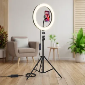 Lampa Circulară Ring Light DLUX – Diametru 33 cm, Trepied Profesional Reglabil până la 2.1 m, Suport Telefon Universal și 3 Moduri de Lumină: Iluminare Profesională pentru Machiaj, Foto-Video și Live Streaming