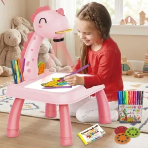 Proiector de Desen pentru Copii cu Măsuță Lavabilă – 3 Discuri cu Imagini (Animale, Vehicule, Fructe), Carioci Incluse, Suprafață Reutilizabilă și Design Ergonomic: Dezvoltă Creativitatea, Imaginația și Coordonarea prin Joc Interactiv