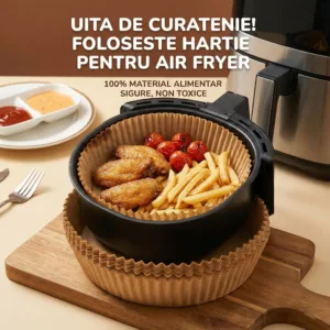 Set 50 Bucăți Hârtie de Copt pentru Friteuză (Air Fryer): Gătit Curat, Fără Lipire și Fără Stresul Curățeniei