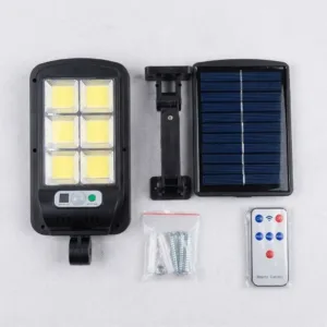 Lampă LED Solară Stradală 36W cu 120 LED-uri COB – Senzor de Mișcare și Lumină Crepusculară, Telecomandă, Flux Luminos 4400 lm și Acumulator 2200 mAh: Iluminat Eficient, Economic și Durabil pentru Exterior