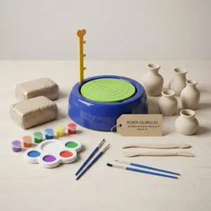 Roata Olarului – Set Olărit Educațional pentru Copii, Jucărie Creativă și Interactivă, Stimulează Imaginația și Abilitățile Manuale, Include Lut și Accesorii Pictură