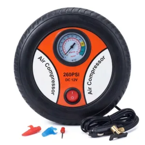 Compresor Auto Portabil 12V, Design Anvelopă, Putere 150W, Umflare Rapidă în 5 Minute, Cablu 2.8m, Include 3 Adaptoare pentru Roți, Bicicletă și Mingi