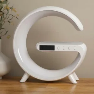 Lampă Smart LED RGB 5-în-1 G63 – Încărcare Wireless 15W, Difuzor Bluetooth 360°, Ceas cu Alarmă și Simulare Răsărit, Lumină Ambientală Reglabilă, Design Modern