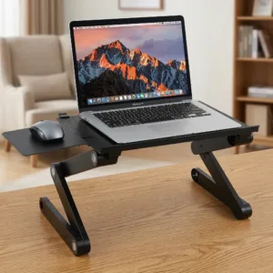 Masă Pliabilă Multifuncțională pentru Laptop T8 – Aliaj Aluminiu-Magneziu, Reglabilă 360°, Cu 2 Ventilatoare USB, Suport Mouse, Portabilă și Ergonomică, Capacitate 10 kg