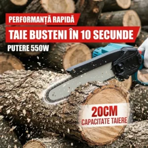 Mini Fierăstrău cu Lanț 36V – 2 Acumulatori Li-Ion 1300mAh, Lamă 8 inch (20 cm), Motor Cupru, Design Ergonomic fără Fir, Viteză 15000 rpm, Trusă de Depozitare și Accesorii Incluse